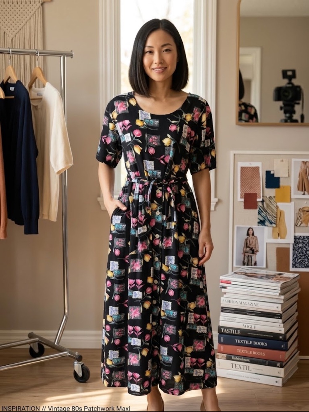 Vintage 80s Floral Patchwork designed Maxi Dress Belted Button Front Black XL